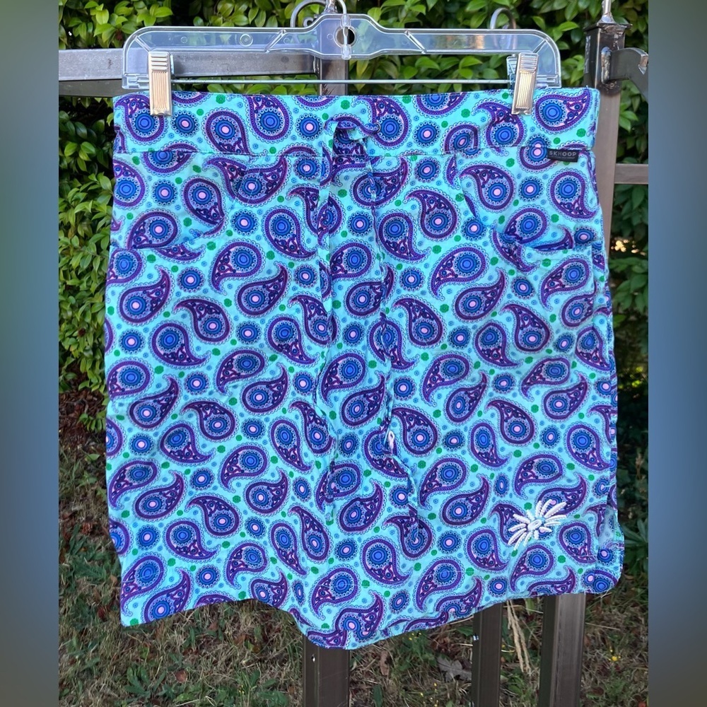 EUC SKHOOP Fiona Blue Purple Paisley Cotton Mini Skirt Oeko-Tex Sustainable Sz M